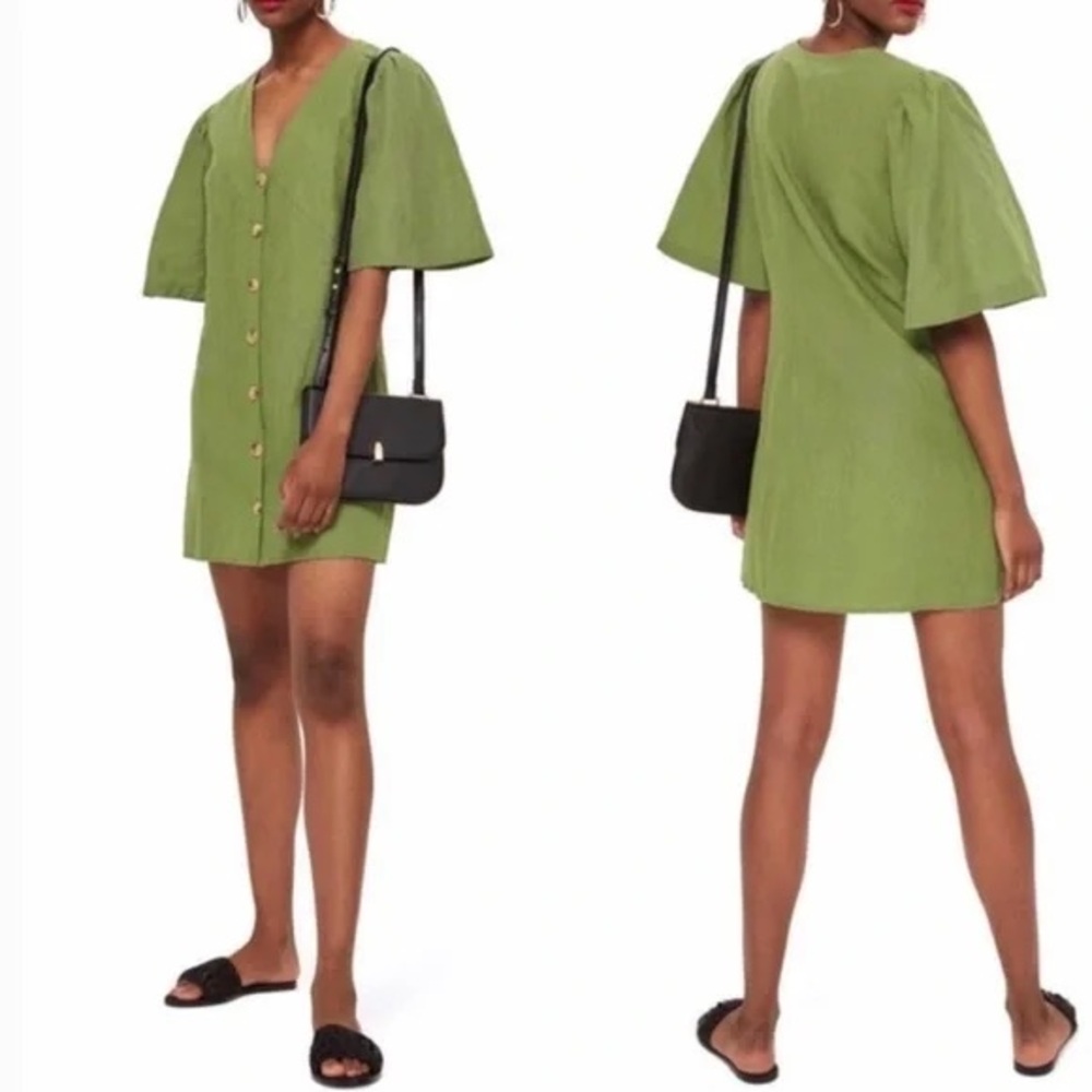 TOPSHOP PUFF SLEEVE ARMY OLIVE DRESS PILGRIM ARITZIA ANTRHOPOLOGIE FREE PEOPLE